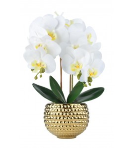 Large Gold White Faux Orchid Pot