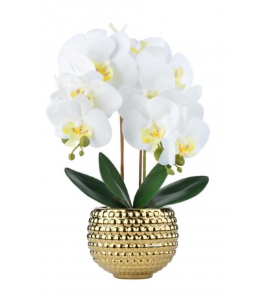 Large Gold White Faux Orchid Pot